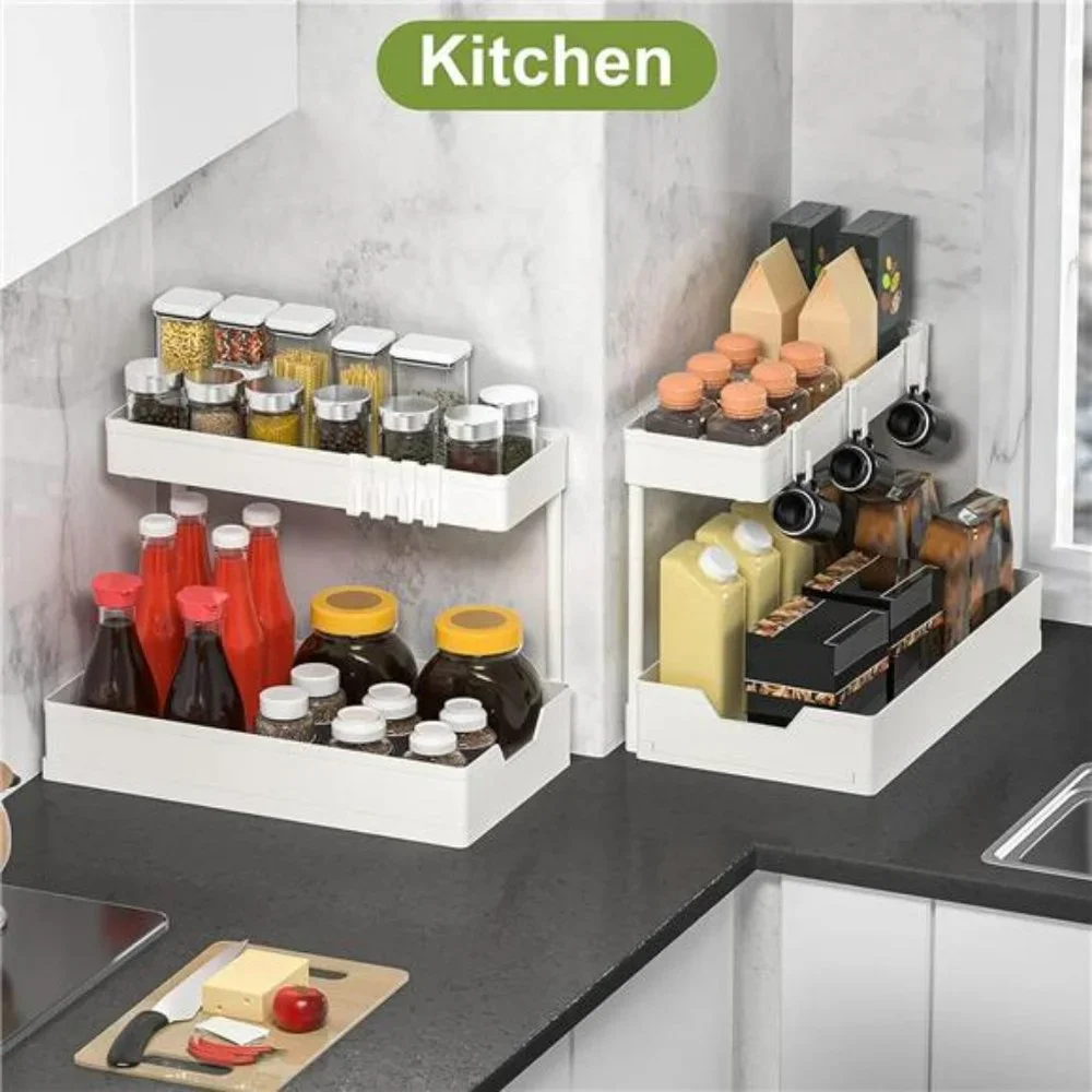 Under Sink Organizers and Storage 2 Pack L-Shape, 2-Tier (White)